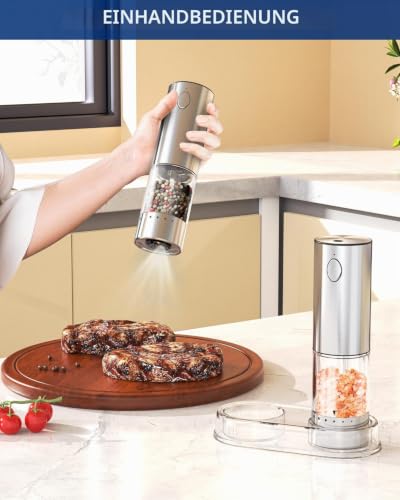 CIRCLE JOY Wiederaufladbares Elektrisches Salz und Pfeffermühlen Set aus Edelstahl mit Sockel mit 95ml Transparenter Behälter… – Ansicht 4