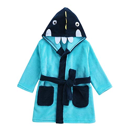 LOFELMELT Kids Robes for Girl Boy Fleece Bathrobe, Light Blue Shark Robe, 3T