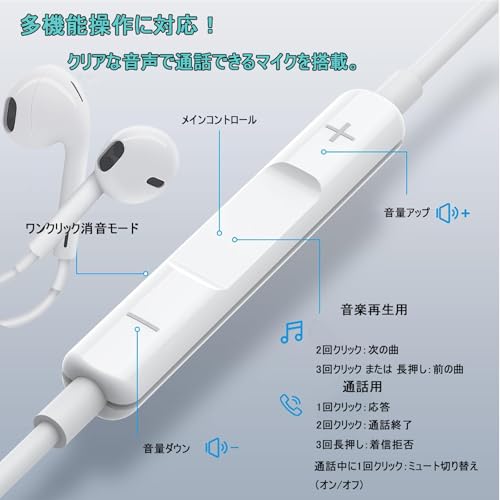 Grithope 有線イヤホン 3.5mmジャック【業界新傑作・正規品】 HIFI 重低音ハイレゾ ノイズキャンセリング マイク付き 内蔵音量調整 耳掛け式 長時間装着/快適フィット/遅延なし 耐久性/絡みにくいケーブル クリア通話 ステレオヘッドホン ゲーム/映画/通話/音楽/iPhone/Android/PC対応 収納バッグ付き（ホワイト）