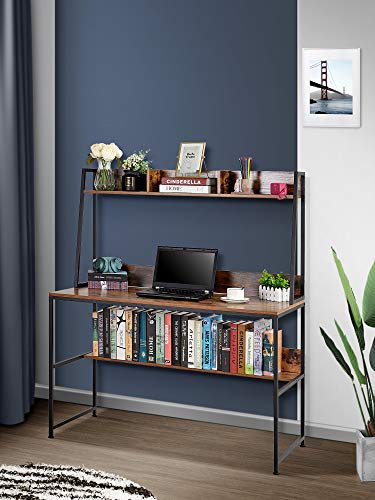 Kealive 47.2 inch Computer Desk with Hutch and Shelf, Writing Study Table with Bookshelf, Modern Home Office Desk for Small Space, PC Laptop Table Workstation Steel Frame & Wood Desk, Vintage Brown