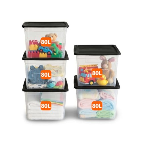 Image of ORGANIZED Plastic Storage Boxes with Lids 80L - Pack of 5 | Large Clear Stackable Storage Containers with Black Lids, Heavy Duty Strong Durable Tubs for Home, Office, Multipurpose