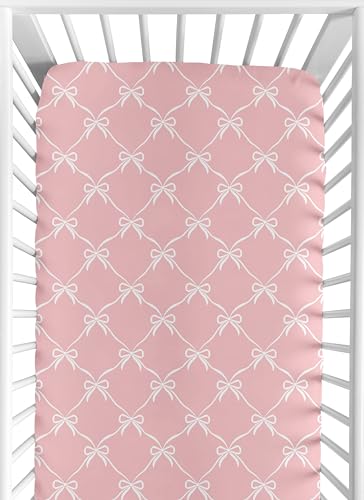Image of Sweet Jojo Designs Fitted Baby Crib Sheets (Pink and White Bows) for Girls, Infant Nursery, Toddler Room - Standard Size (Blush Bow for the Shabby Chic, Ballet, Dancer, Ballerina Princess Collection)