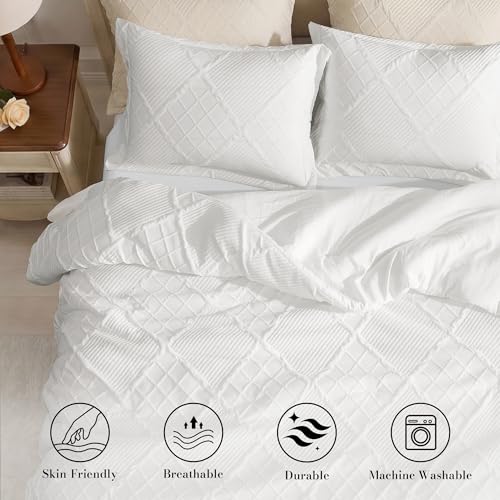 King Comforter Set, 3 Piece White Jacquard Bedding Set with 2 Pillow Cases - image 2