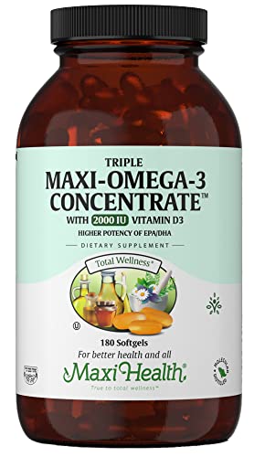 Maxi Health Triple Omega 3 Fish Oil Concentrate with 2000 IU Vitamin D3 – Enteric Coated Fish Oil Omega 3 Supplements with High EPA DHA for Heart, Brain, Joint, and Eye Support Kosher 180 Softgels Maxi Health Triple Omega 3 Fish Oil Concentrate with 2000 IU Vitamin D3 – Enteric Coated Fish Oil Omega 3 Supplements with High EPA DHA for Heart, Brain, Joint, and Eye Support Kosher 180 Softgels