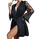 TINAYAUE Frauen Leichter Schlafanzug Weicher Bademantel mit Herz Kurze Satin Robe Bequeme Pyjamas mit Taillenband V-Ausschnitt Mesh Nachthemd Bequemer Morgenmantel