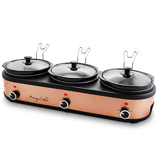 Megachef Triple 2.5 Quart Slow Cooker and Buffet Server in Brushed Copper and Black Finish with 3 Ceramic Cooking Pots and Removable Lid Rests - Image 3