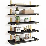 Fixwal Floating Black Gold Shelves Set of 5, Width 4.7 Inches, Rustic Wood Wall Storage Shelves for Bedroom, Living Room, Kitchen, Bathroom, Home Decor, Laundry Room, Office and Plants