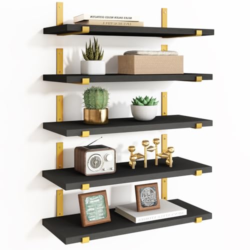 Fixwal Floating Black Gold Shelves Set of 5, Width 4.7