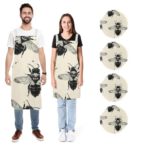 Tablier mini abeille peinte à la main réglable doux avec 2 poches pour homme femme cuisine