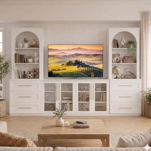 secilix Entertainment Center Wall Unit for TVs up to 70 Modular TV Wall Unit System with Bookshelves Glass Door Cabinets & Drawers Modern Heavy Duty Living Room Media Console Storage System