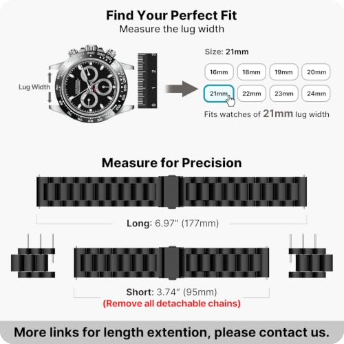 Image of Fullmosa 21mm Stainless Steel Watch Band, Quick Release Metal Replacement Strap with Removable Links, Includes Spring Bars & Link Removal Tool for Men Women (Black)
