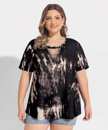 Image of CARCOS Plus Size Tops for Women Short Sleeve Shirts Basic Tee Solid Color Blouse V Neck Tunic Loose Fit Tshirts Summer XL-5XL
