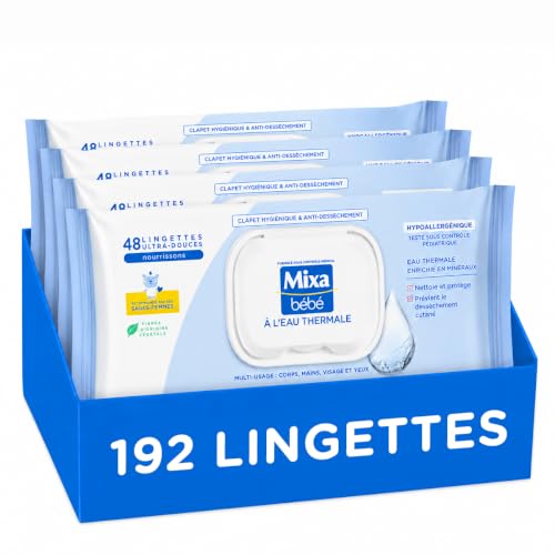 Mixa Lingettes Bébé à L'eau Thermale, Lot de 4 x 48 Lingettes : Hypoallergéniques, Nettoient en Douceur