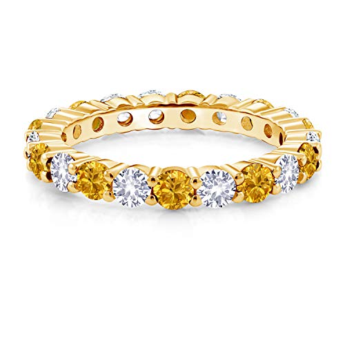 Gem Stone King 1.34 Cttw Round Yellow Sapphire and White Created Sapphire 18K Yellow Gold Plated Silver Eternity Band Ring For Women | Gemstone Birthstone | Available In Size 5, 6, 7, 8, 92