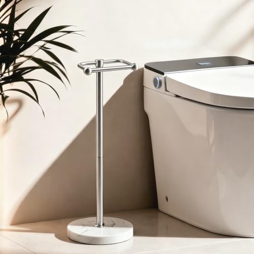 Image of RARXTR Toilet Paper Holder Stand, Bathroom Free Standing Toilet Paper Stand with Modern Marble Base, Post Pivoting Toilet Paper Stand with Stainless Steel Tissue Rack, Rust-Proof (Brushed Nickel)