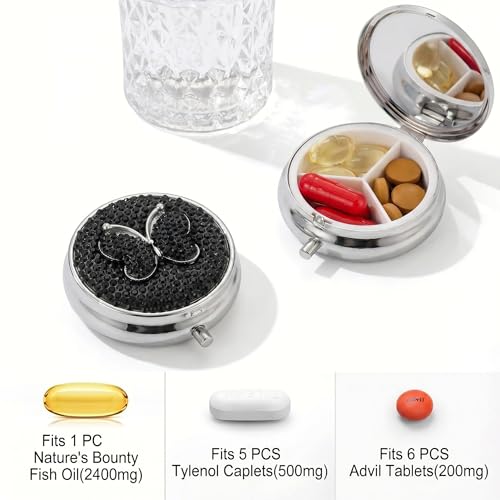 Image of Medicine Organizer Box Butterfly Pocket Pharmacy Bling Travel Pill Case Box for Purse Mini Pill Holder Organizer Small Pills Container for Vitamin(Black)
