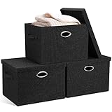 Posprica Storage Bins with Lids, 17'x12'x12' Large Collapsible Linen Fabric Storage Box, Stackable Heavy Duty Storage Bins, Shelves Closet Organizer for Clothes Books Photos, 3 Pack
