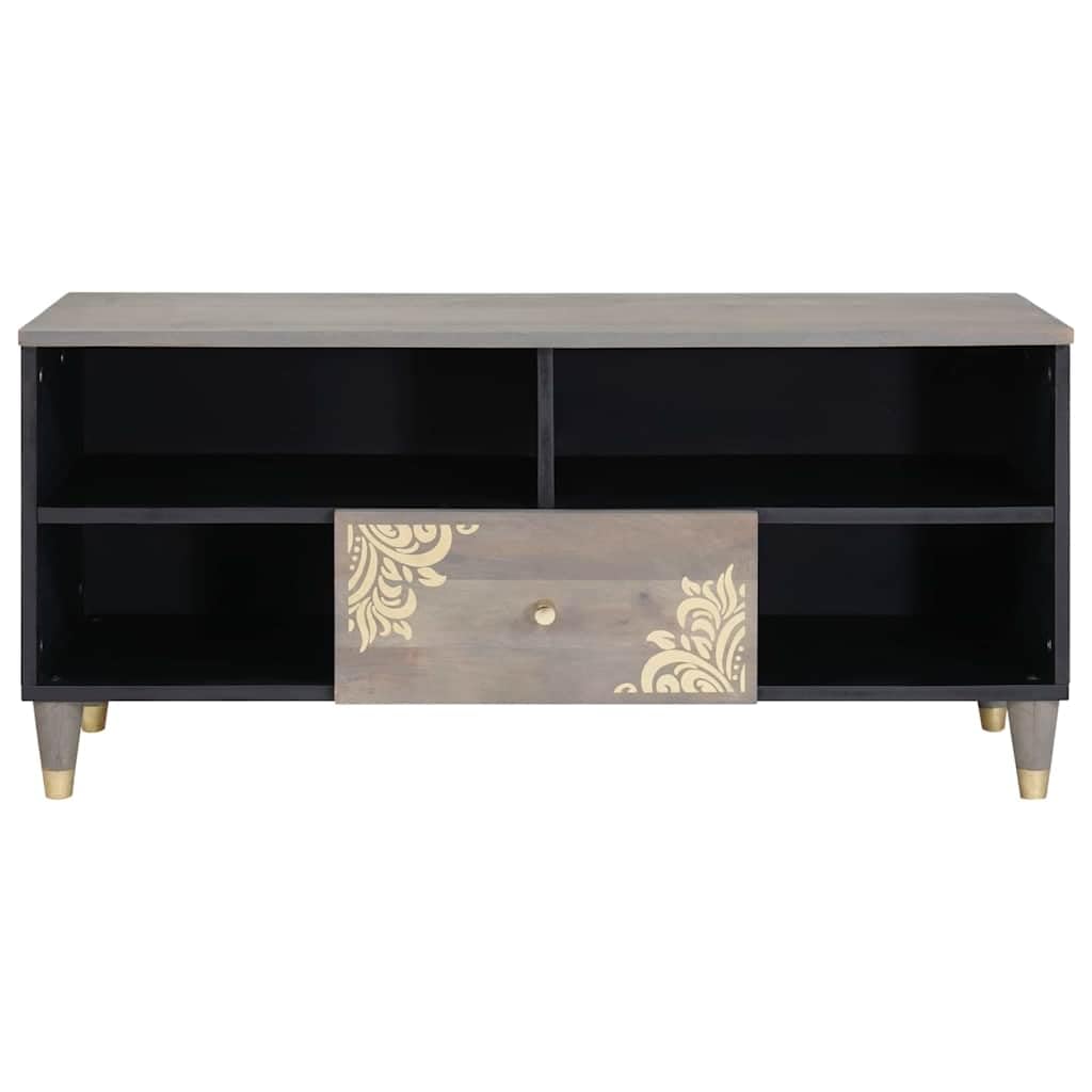 Mueble de TV de madera maciza de mango gris 100 x 33 x 46 cm con estante, cajón y botones de latón para sala de estar cine en casa y televisor