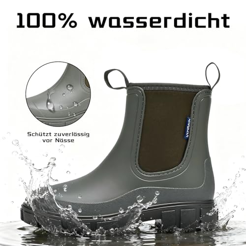 GemChve Gummistiefel Damen Gefüttert Wasserdicht Gummistiefel Halbhohe Chelsea Boots rutschfeste Stiefeletten Regenstiefel Regenschuhe Gummistiefeletten Warm Gartenschuhe Green 38EU