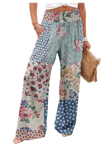 MakeMeChic Women's Casual Patchwork Floral Pants Elastic Waisted Wide Leg Beach Boho Trousers