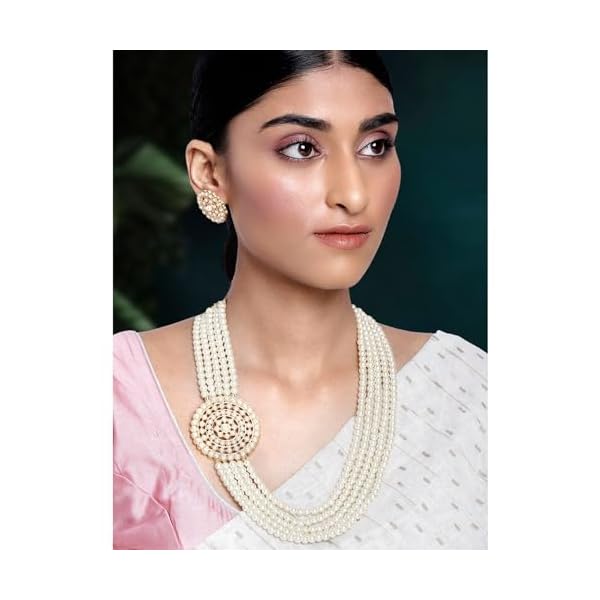Peora Gold Plated Traditional 5 Layer Kundan Pearl Long Necklace Earrings Jewellery Set for Women - Image 5