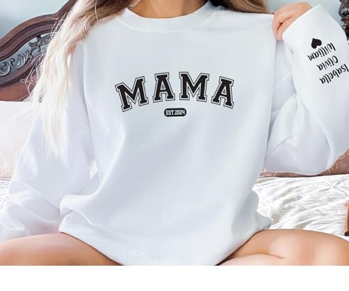 Custom Mama Sweatshirt with Kids Name on Sleeve, Personalized Est Date Mom Hoodie, Personalized Gifts for Mom, Mothers Day Gift for Mom, New Mom Gifts