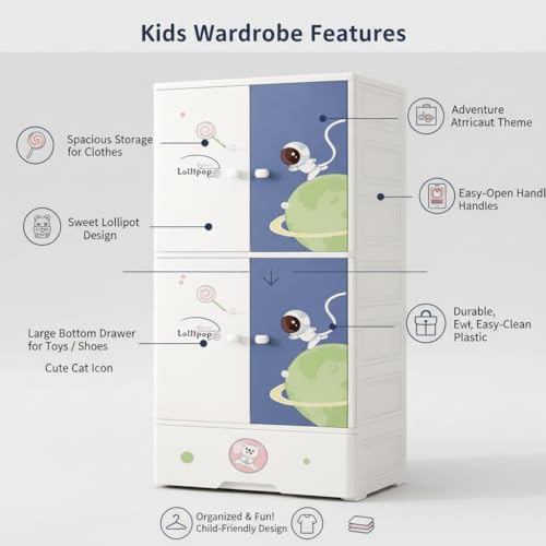 Image of EXVITO Plastic Wardrobe For Cloth with Drawers & Hanging Rod | Baby Cupboard for Clothes Storage | Foldable Collapsible Plastic Almirah for Kids | Cartoon Design Cabinet for Bedroom (ASTRONUT, 4 DOOR)