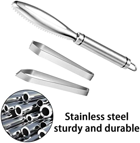 MEIYIDAY Stainless Steel Fish Scale Scraper, Fish Scale Remover with Fish Bone Tweezers, Fast Scales Peeling Fish Scale Scraper/Skinner/Cleaner with Sawtooth,for Kitchen Tool