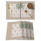Placemats Set of 4 Dinner Cotton Linen Burlap Heat Resistant Table Mats Tropical Beach Palm Tree Washable Non-Slip Insulation Placemat for Banquet Kitchen Dining Table Decor 13 x 19 Inch