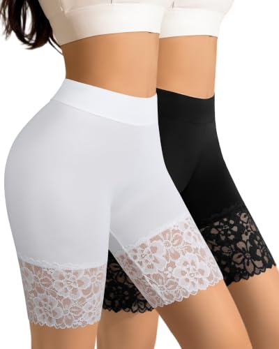 ORLAROY Slip Shorts for Under Dresses Lace Anti Chafing Shorts for Women High Waisted Seamless Underwear Boyshorts 2 Pack L