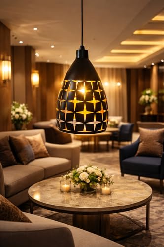 Image of Modern Black Star Cutwork Pattern Hanging Pendant Light with Height Adjustable Decorative Ceiling Lamp for Living Room, Bedroom, Dining Area, Cafe & Home Decor (Pack of 1)