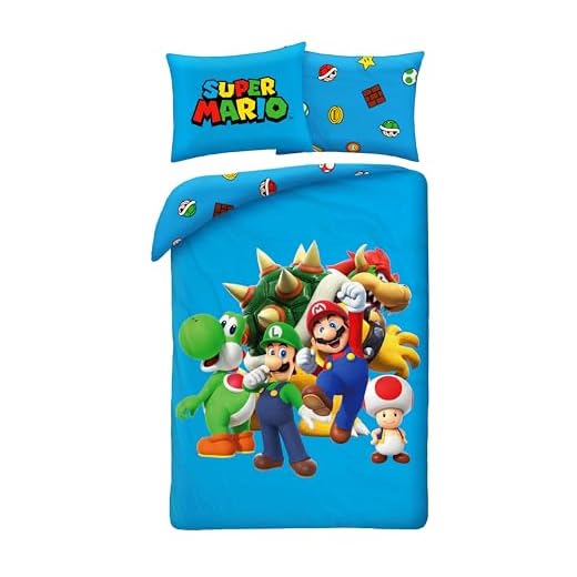 Super Mario mit Luigi Toad Bowser und Yoshi – Bettwäsche-Set Bettbezug 140 x 200 cm + Kissenbezug 70 x 90 cm – wendbar – 100 % Polyester – Blau