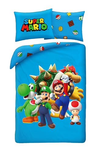 Parure de Lit Super Mario Bleue, Housse de Couette Réversible 140x200 cm et Taie d'oreiller, Polyester, avec Mario, Luigi, Toad, Peach, Wario et Yoshi