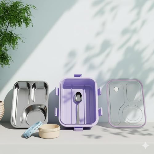 Image of Sanghariyat Lunch Box 3 Compartment Out Side-Leak-Proof BPA Free Stainless Steel, Lunch Box for Girls, Lunch Box for School with a Fork, a Spoon and a Pair of Chopsticks 750 ml (Purple)