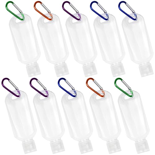 10Pcs Refillable Travel Bottles Containers with-Clip Leakproof Empty Squeeze Container Travel Portable Empty Hand Sanitizer Bottles,Containers for Toiletry Shampoo Lotion (Hook Color Random)