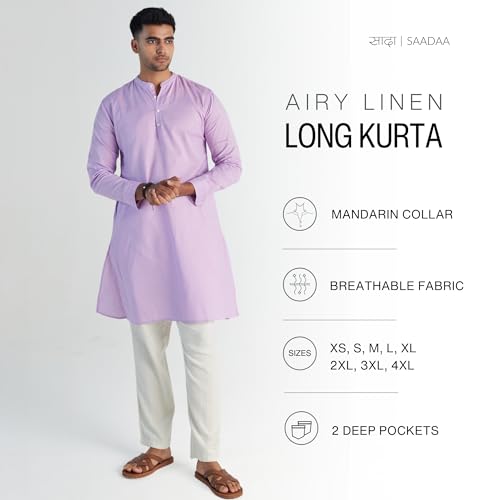 Image of SAADAA Men's Long Kurta - Linen Cotton Blend, Airy Fabric, Regular Fit, Mandarin Collar, Solid Color - Casual, Festive & Ethnic Wear