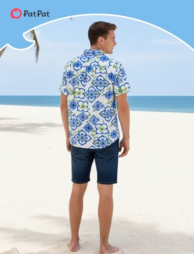 Image of PATPAT Family Hawaiian Matching Outfits - Mommy and Me Vacation Outfits | Halter Sundresses and Button Down Shirts,Caribbean Vacation Summer Tropical Outfits,Hawaiian Boho Tropical Floral Printed