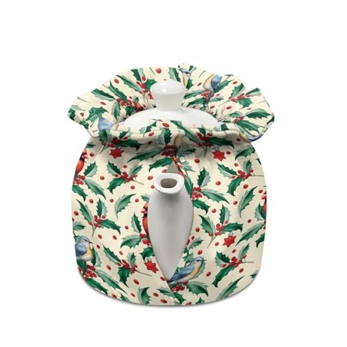 Image of Christmas Cardinal Thorn Bird Tea Pot Cozies, Machine Washable Fabric Kitchen Teapot Dust Cover Breakfast Warmer Insulation and Keep Warm, Home Christmas Decor