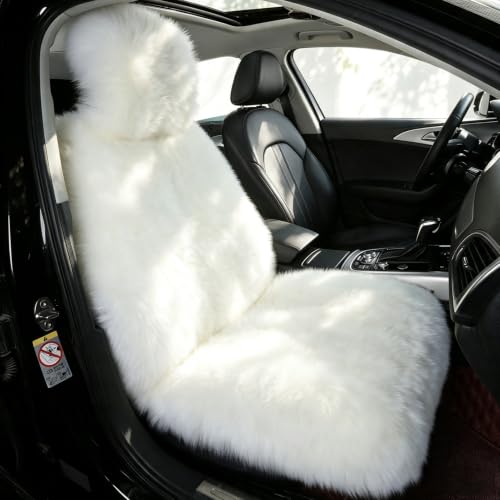 Image of White Fluffy Sheepskin Car Seat Cover for Soft Natural Wool Cushion Pad
