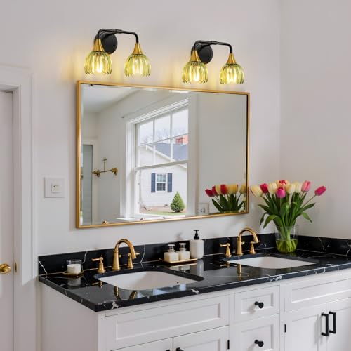 Image of Bathroom Vanity Light Fixtures: 2-Lights Vintage Bathroom Lights Over Mirror with Ribbed Green Tulip Glass Shade - 14 inch Black and Gold Wall Sconce Bath Lighting