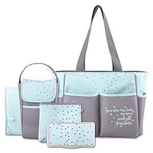 Diaper Bag Tote 5 Piece Set with Sun, Moon, and Stars, Wipes Pocket, Dirty Diaper Pouch, Changing Pad (Grey/Aqua)
