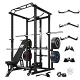 RitFit Squat Rack Power Cage Home Gym Package, Includes 1000LBS Power Rack with LAT Pull Down, Weight Bench, Rubber/Bumper Plates Set with Olympic Barbell (Package 1.9K FBP 340LBS)-Black