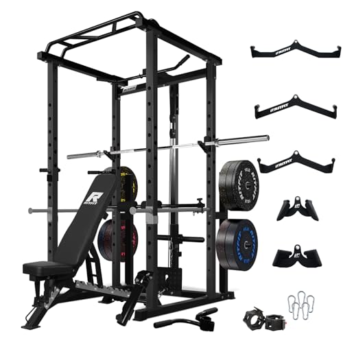 RitFit Squat Rack Power Cage Home Gym Package, Includes 1000LBS Power Rack with LAT Pull Down, Weight Bench, Rubber/Bumper Plates Set with Olympic Barbell (Package 1.9K FBP 340LBS)-Black