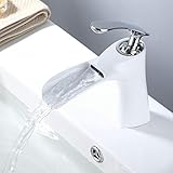 Waterfall Bathroom Faucet Brass One Handle Basin Vanity Lavatory Vessel Sink Faucet, White & Chrome