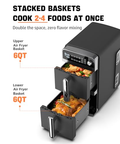 Image of 10QT Dual Layer Air Fryer Oven, 5QTx2 Capacity, Vertical 2-Basket Design, 7-in-1 Function with Broil, Roast, Bake, Reheat, Dehydrate, and Air Fry, Family Size, BPA-Free