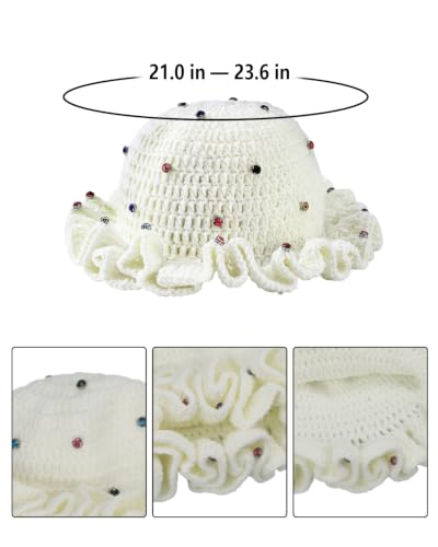 Image of Women Crochet Bucket Hat Cute Winter Ruffled Brim Floppy Cap Handmade Knit Cloche Hats