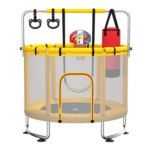 Maxbinton Trampolín Infantil de 140 cm para Interior y Exterior, Capacidad de Carga de 50 kg, con Red de Seguridad, Barra de Gimnasia Ajustable y aro de Baloncesto, Ideal para niños y niñas.