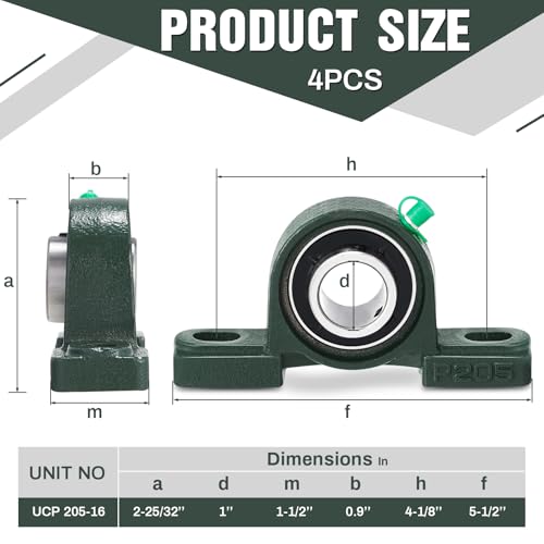 Image of Gisafai 4 Pcs UCP205-16 Pillow Block Bearing with 1 inch Bore Flange Mounted Pillow Block Ball Bearing Self Alignment Cast Iron Housing Steel Unit for Industry, Green