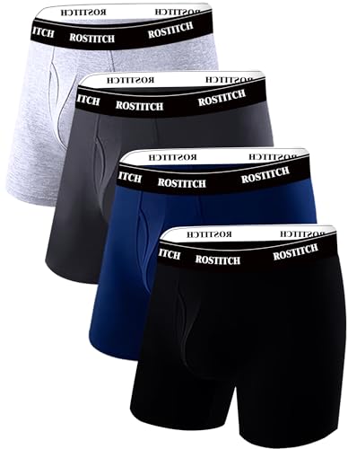 ROSTITCH Men's Boxer Briefs, Soft and Breathable Cotton Underwear with ComfortFlex Waistband, Multipack (US, Alpha, Small, Regular, Regular, Back/Royal Blue/Dark Gray/Gray)