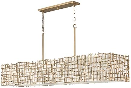 Fredrick Ramond Farrah Ten Light Linear Chandelier - Hand-Hammered Crosshatch, Hand-Painted Finish, White Linen Shade - Burnished Gold Finish